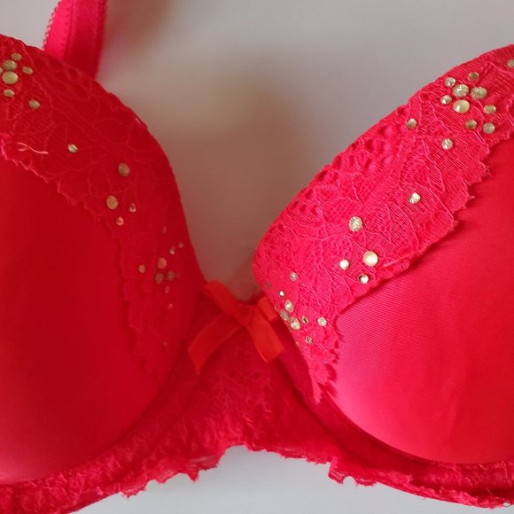 Victoria's Secret Dream Angels Coral Red Pink Lined Demi Lace Rhinestone Bra 32C - Picture 2 of 4